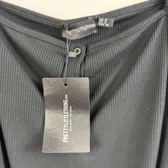 PrettyLittleThing New Black Ribbed Long Puff Sleeve Bodysuit US 8 Square Neck - Picture 6 of 15